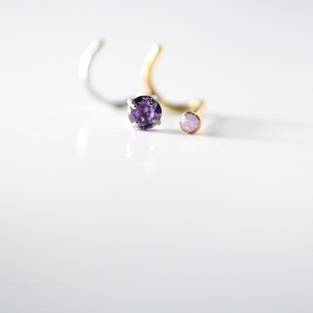 Two Surgical Steel Nose Piercings Amethyst And Jade Corkscrew New